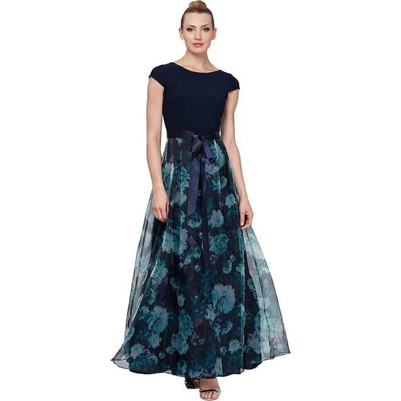 SL Fashions Women's Floral-Organza Gown, Navy Floral Size 8 - Picture 1 of 3